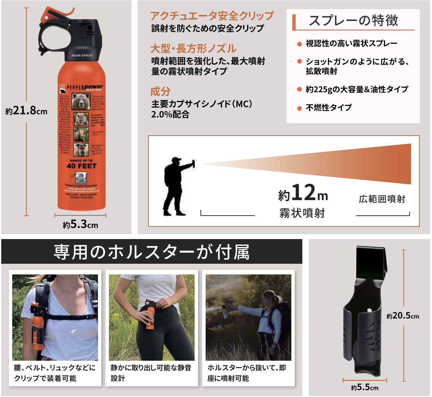 UDAP 熊撃退スプレー 225g（7.9oz）ホルスター付