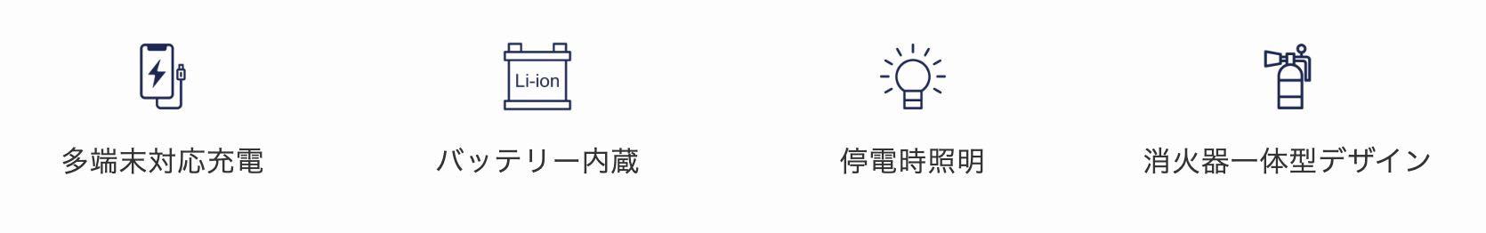 多端末対応充電/バッテリー内蔵/停電時照明/消火器一体型デザイン